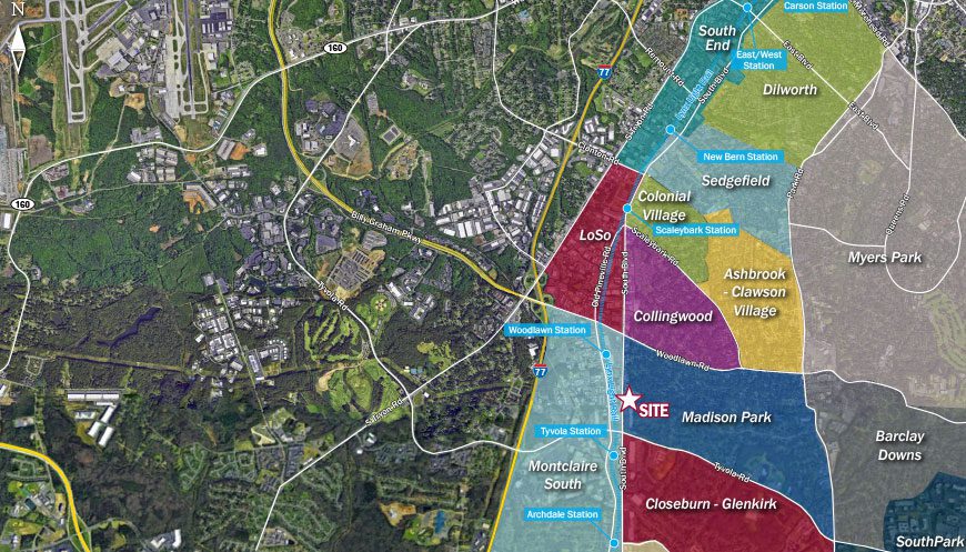 Aerial map showing color coded neighborhoods of Charlotte