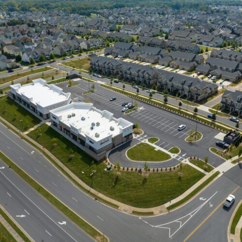 Aerial photo of townhomes and Shoppes at McCullough shopping center