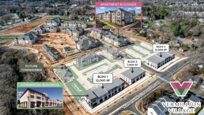 Vermillion Village aerial overlay showing construction progress as of March 2026