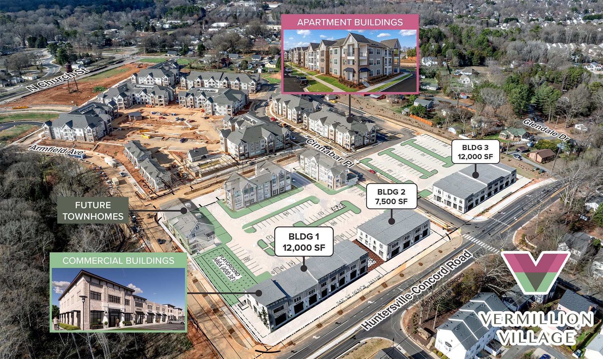 Vermillion Village aerial overlay showing construction progress as of March 2026