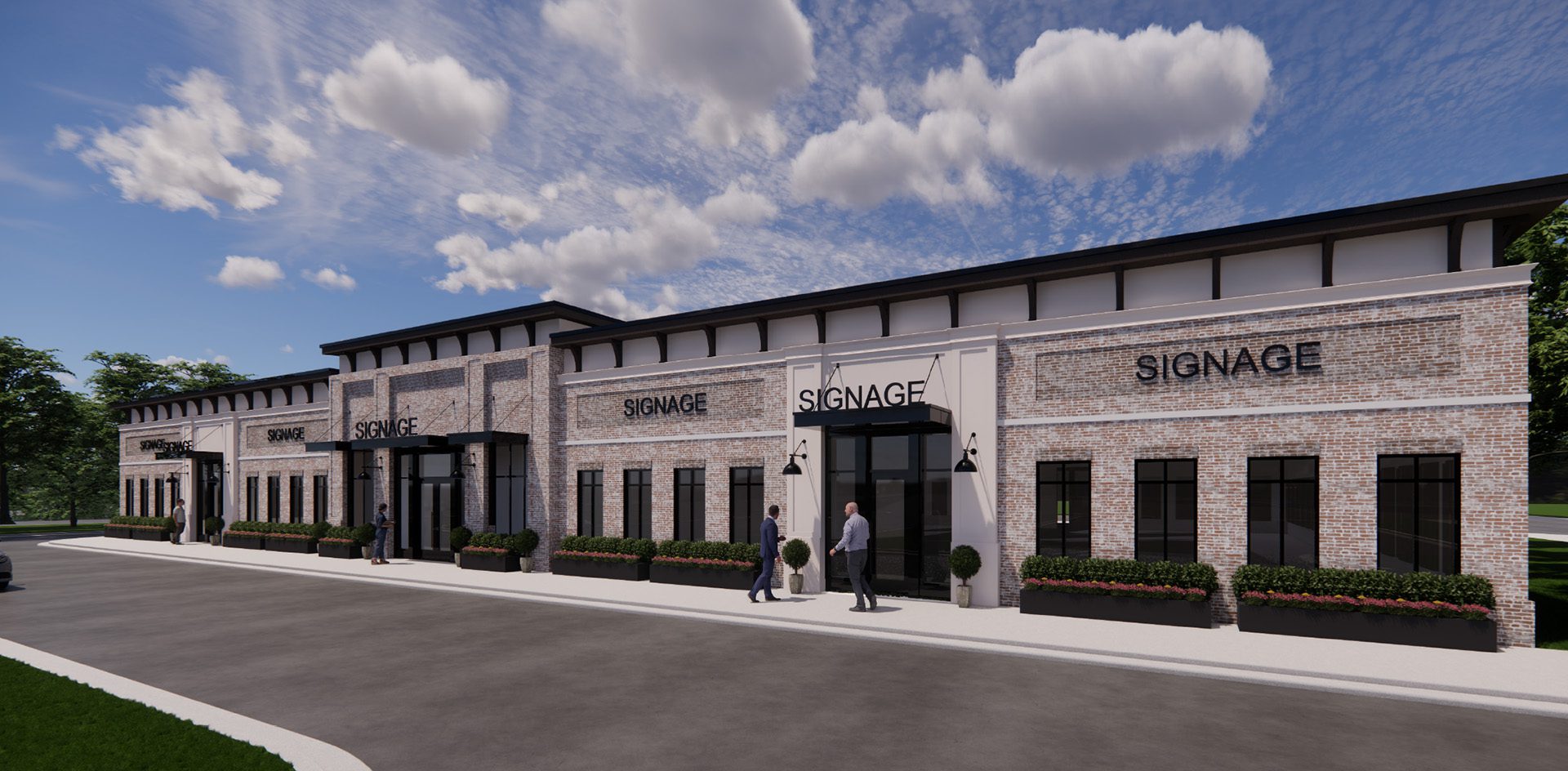 Rendering of modern brick and stucco commercial building