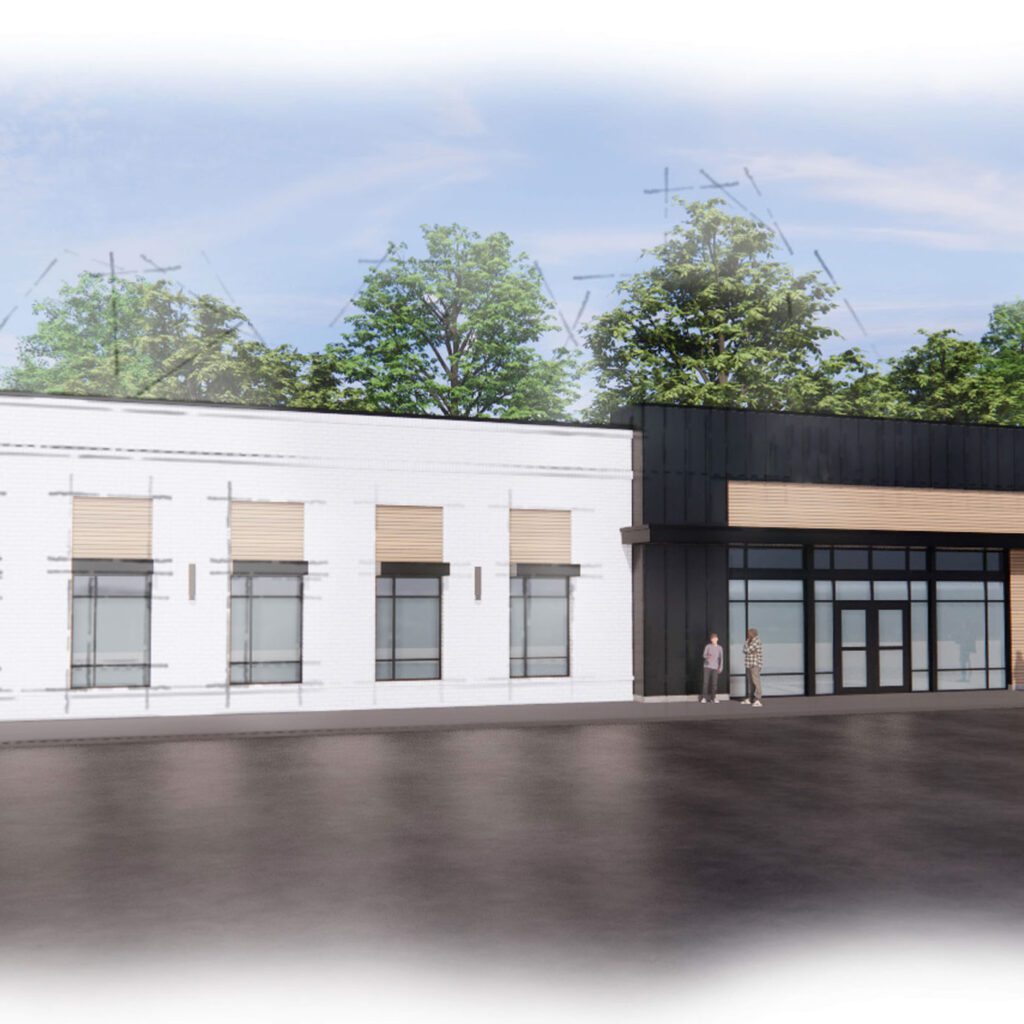 Rendering of a MOB building white and black with concrete pavement
