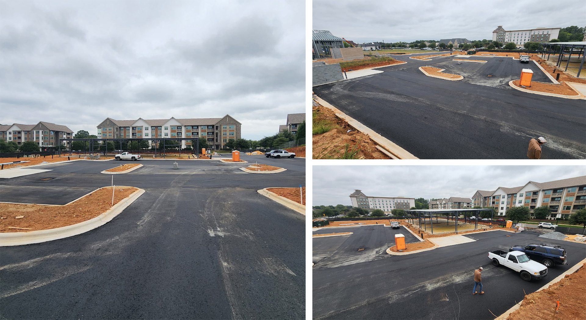 Berewick Town Center construction progress with newly poured parking lot in Charlotte, NC
