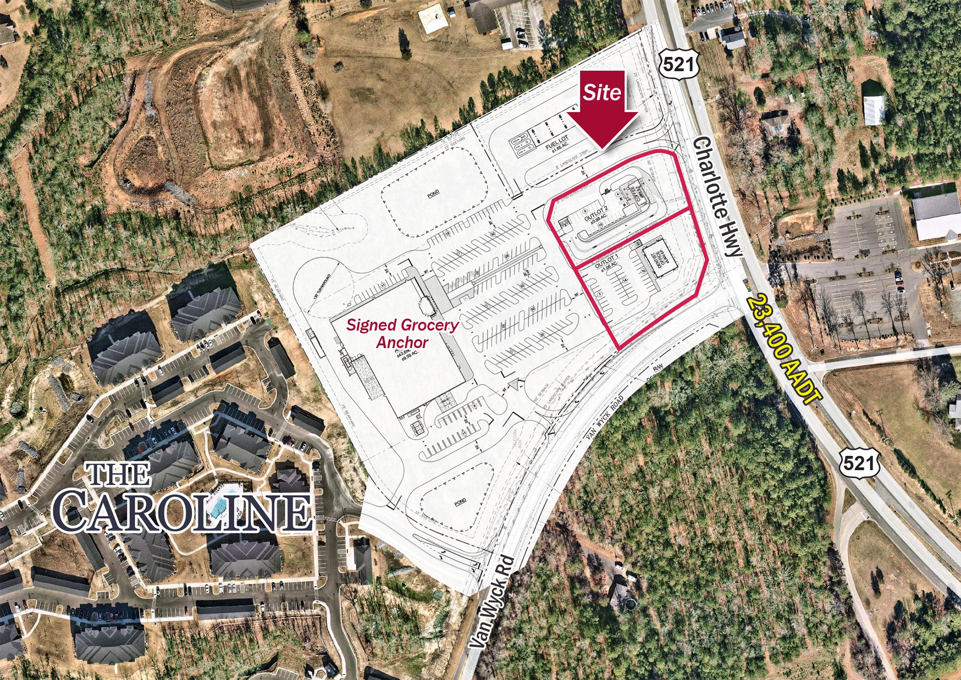 Hwy 521 commercial land ground lease with signed grocery anchor aerial site plan overlay