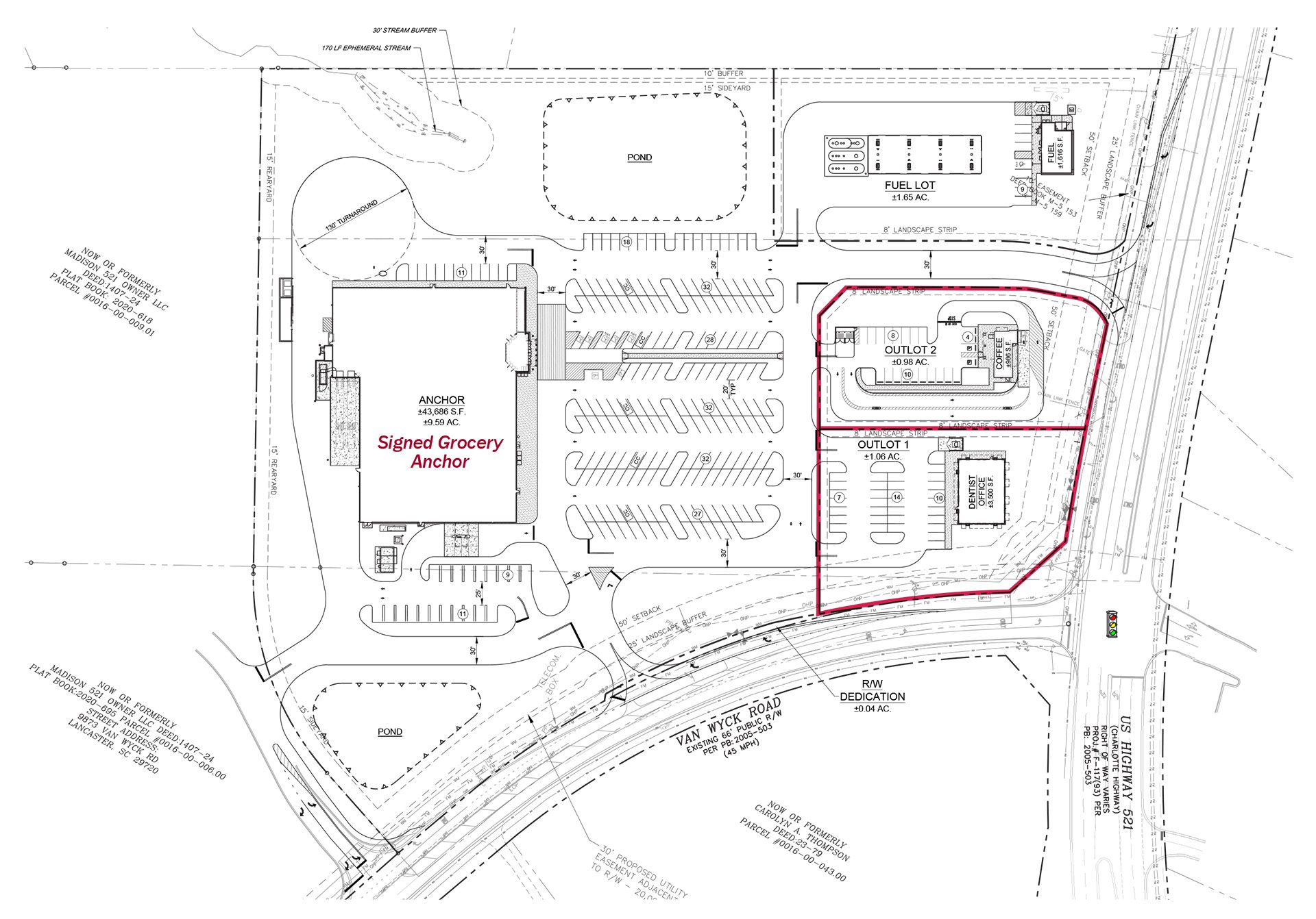 site plan for grocery-anchored center with two available ground lease outparcels along Highway 521 South Carolina