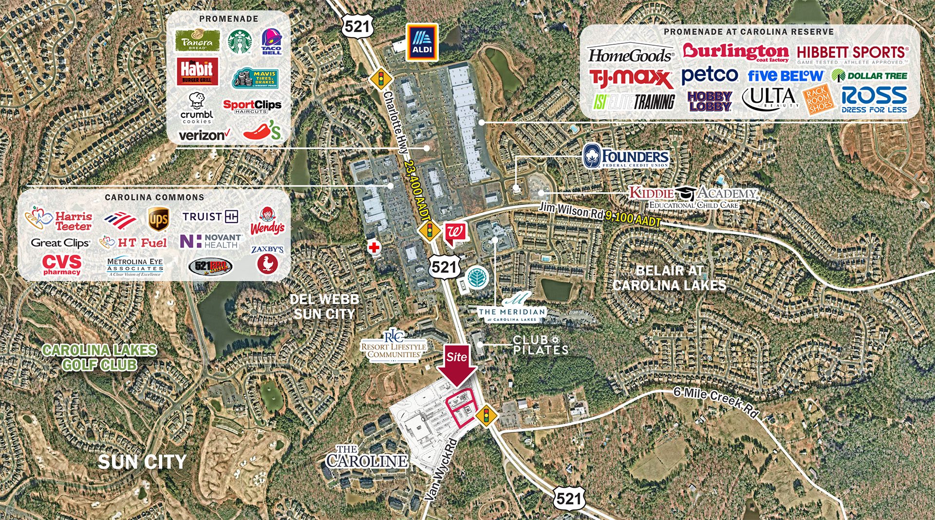 market aerial along Hwy 521 in Fort Mill SC with ground lease site plan overlay and surrounding retail