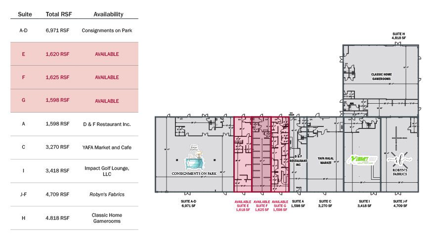 Site plan of Park 51 Center Shops with available spaces listed