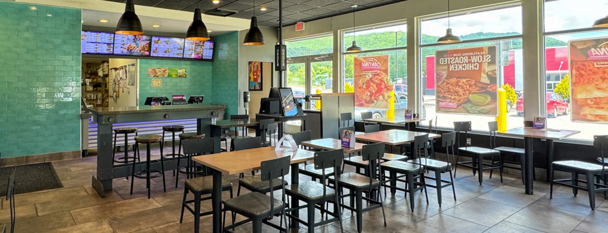 Interior of Taco Bell with Tables and chairs