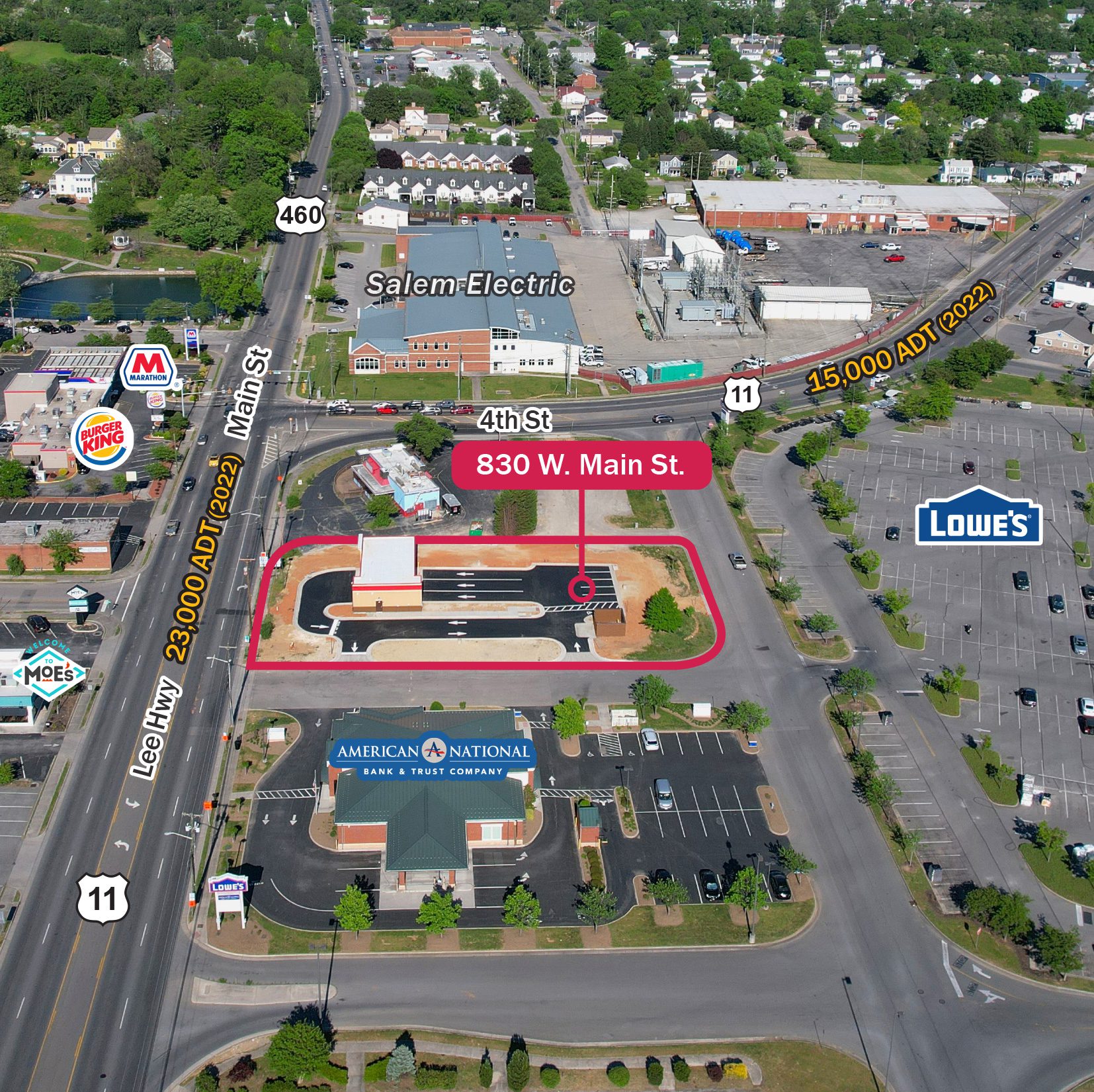 Aerial view of parking lot, main road and outlined Take 5