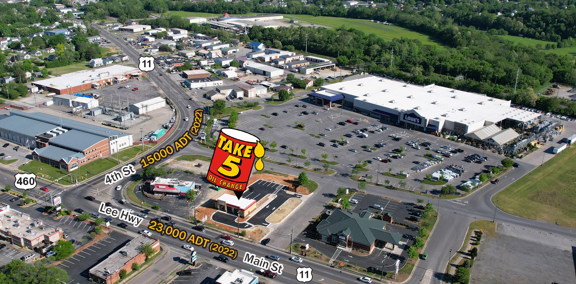 Aerial view of parking lot, main road and outlined Take 5