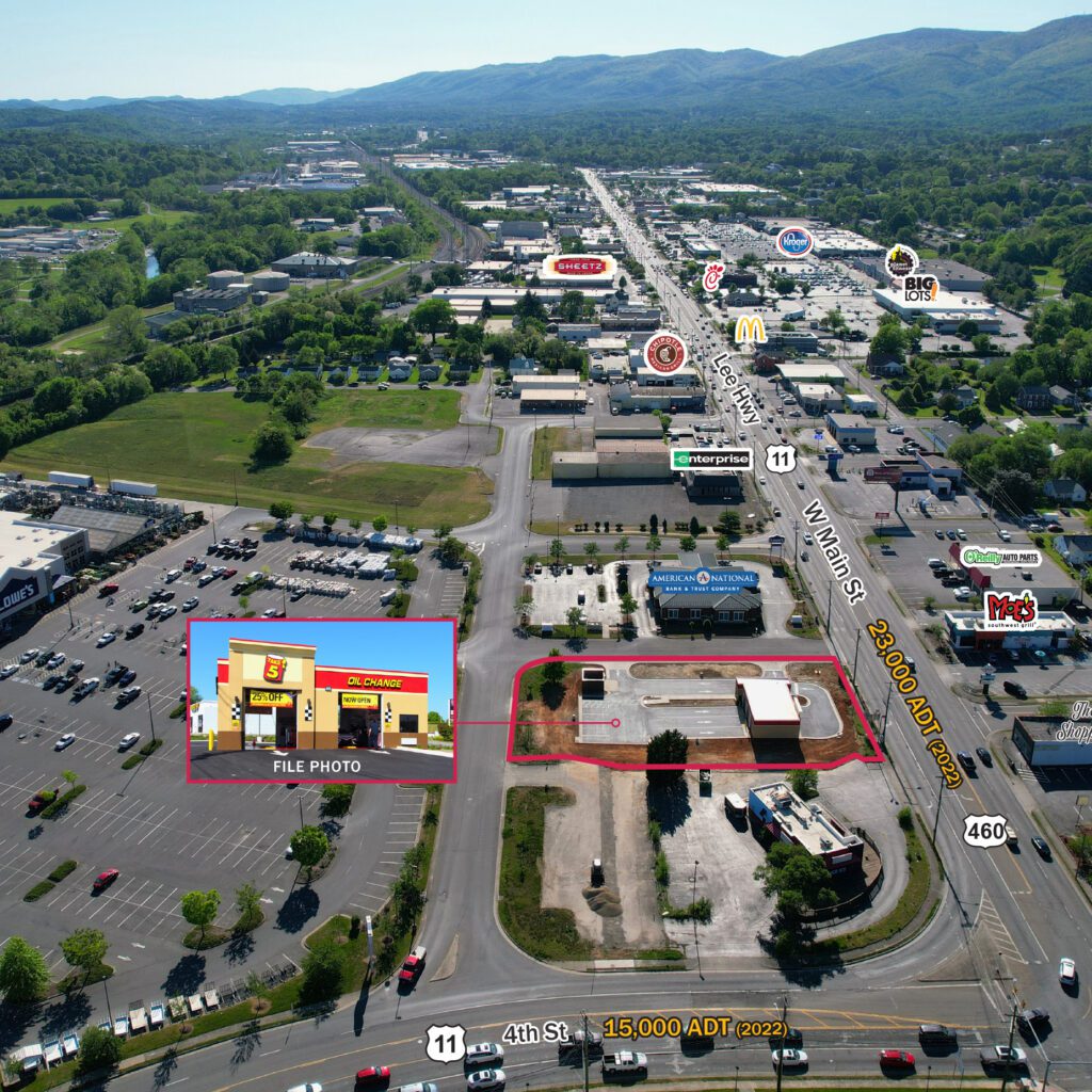 Aerial view of parking lot, main road and outlined Take 5