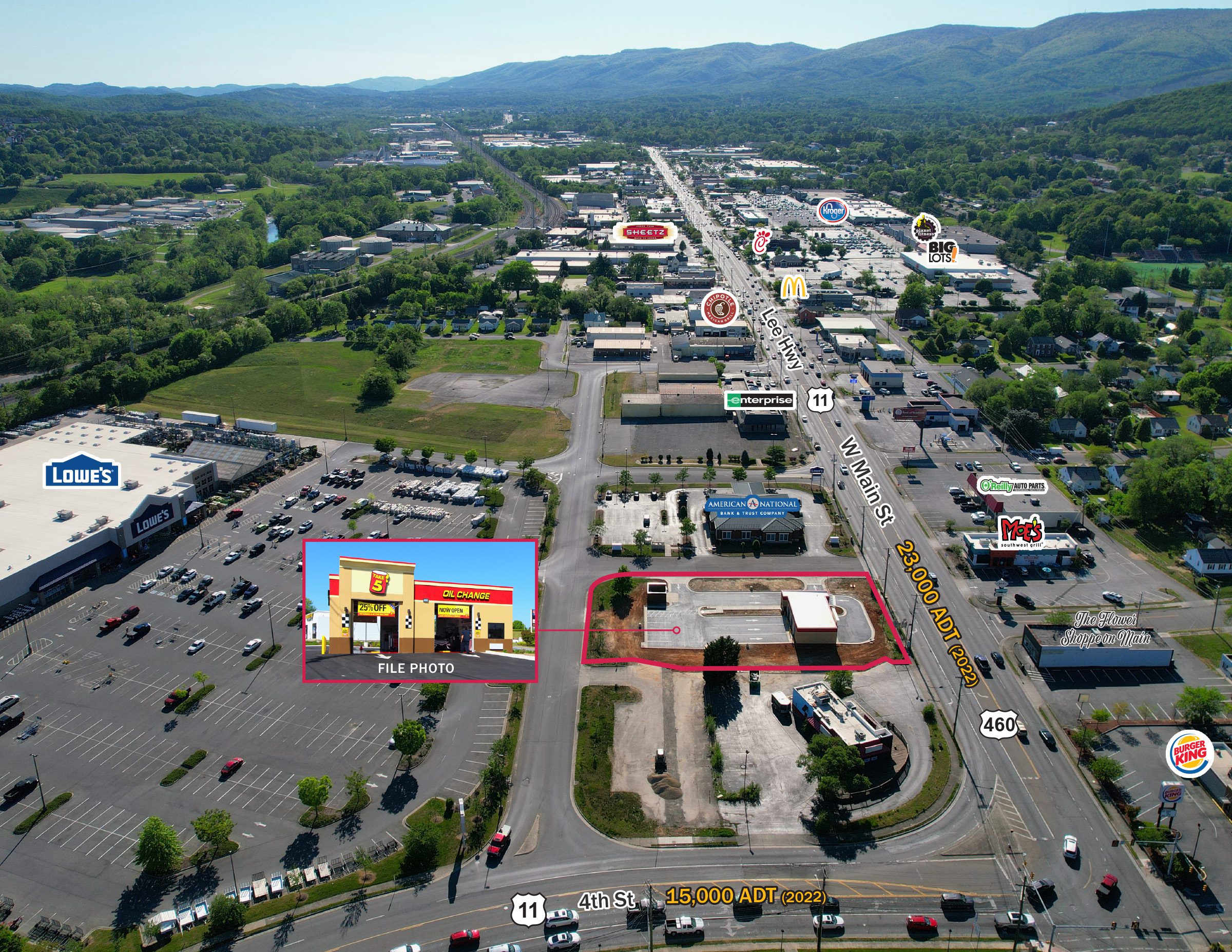 Aerial view of parking lot, main road and outlined Take 5