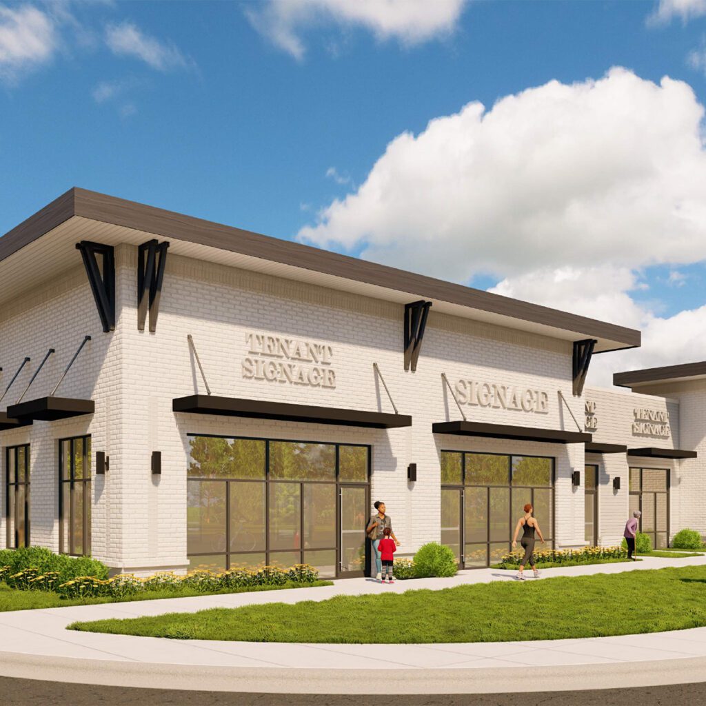 white retail building rendering with grass and sidewalk