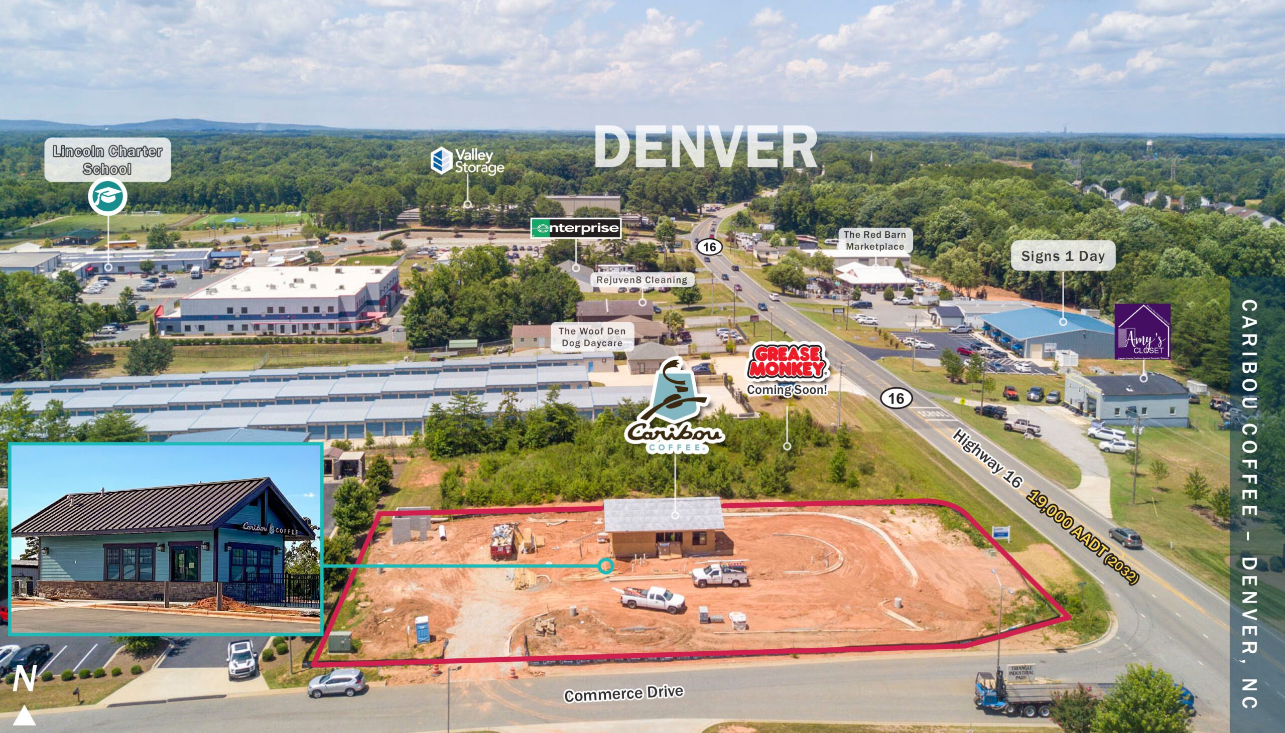 Aerial photo of Denver NC with Caribou Coffee Site Outlined