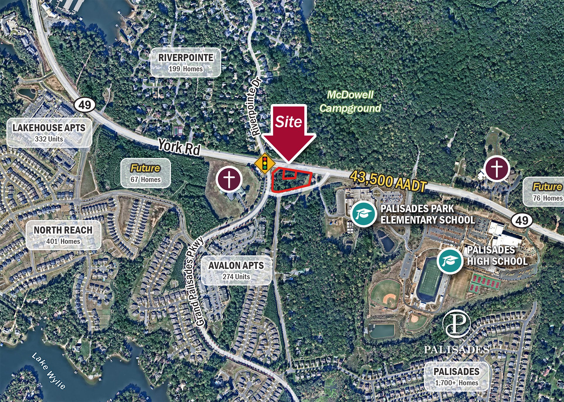 11952 McDowell Forest commercial land aerial zoomed with nearby schools and housing