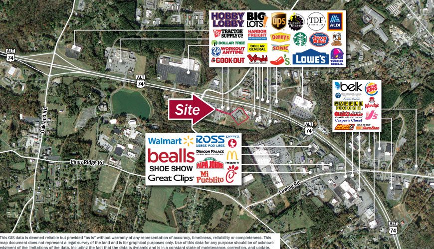 Aerial with neighboring retailers highlighted