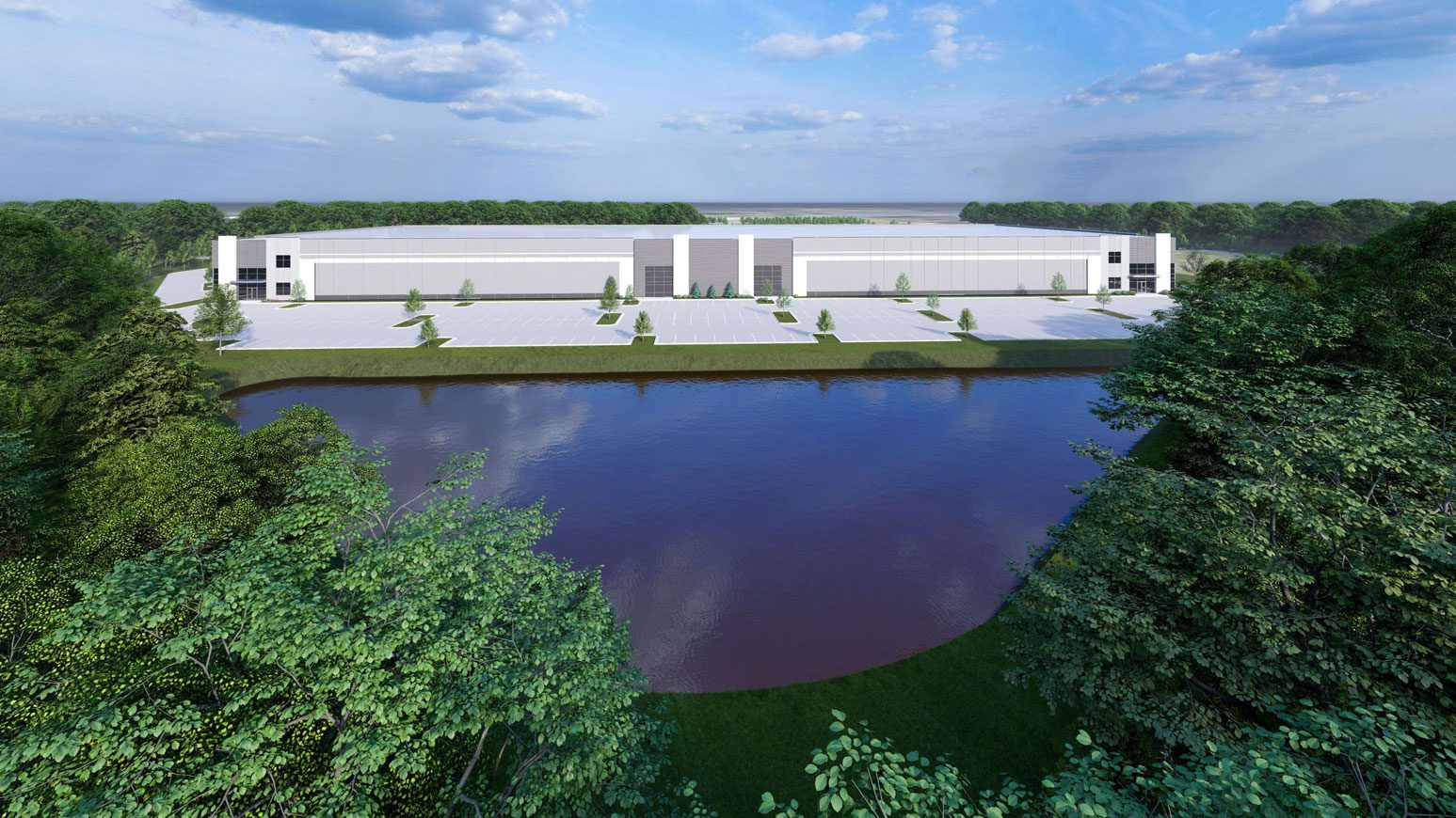 rendering of industrial building 2 warehouse at Bailes Ridge in Indian Land, SC with retention pond