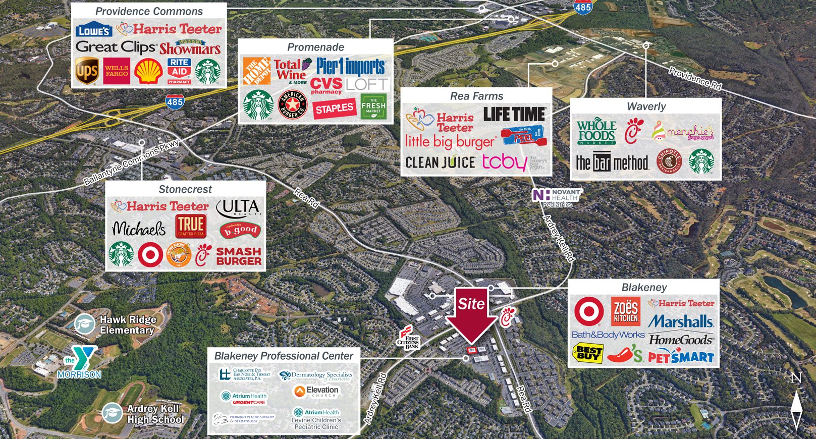 Aerial image with labeled retailers