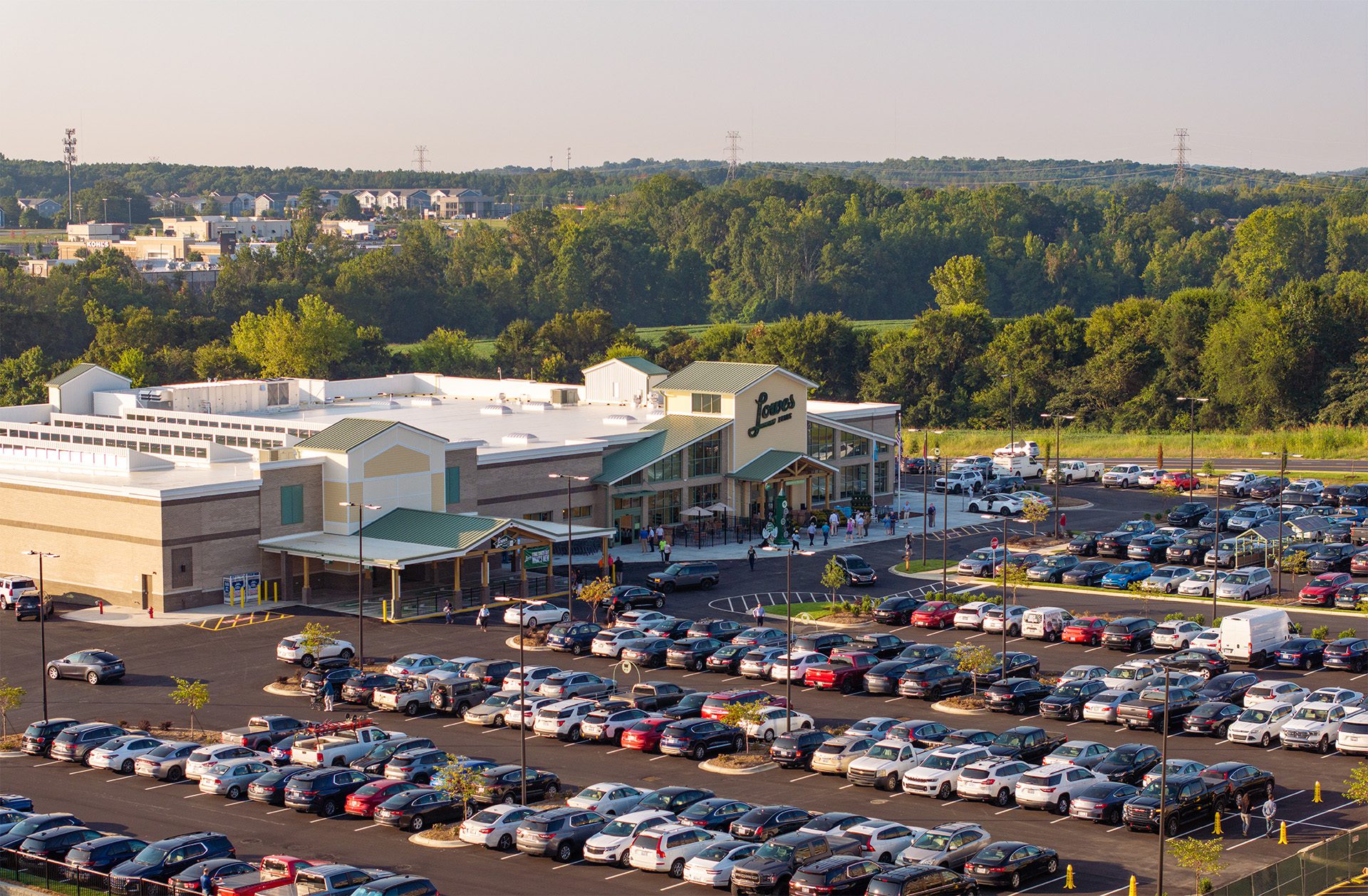 Lowes Foods Concord at Christenbury Village aerial with full parking lot