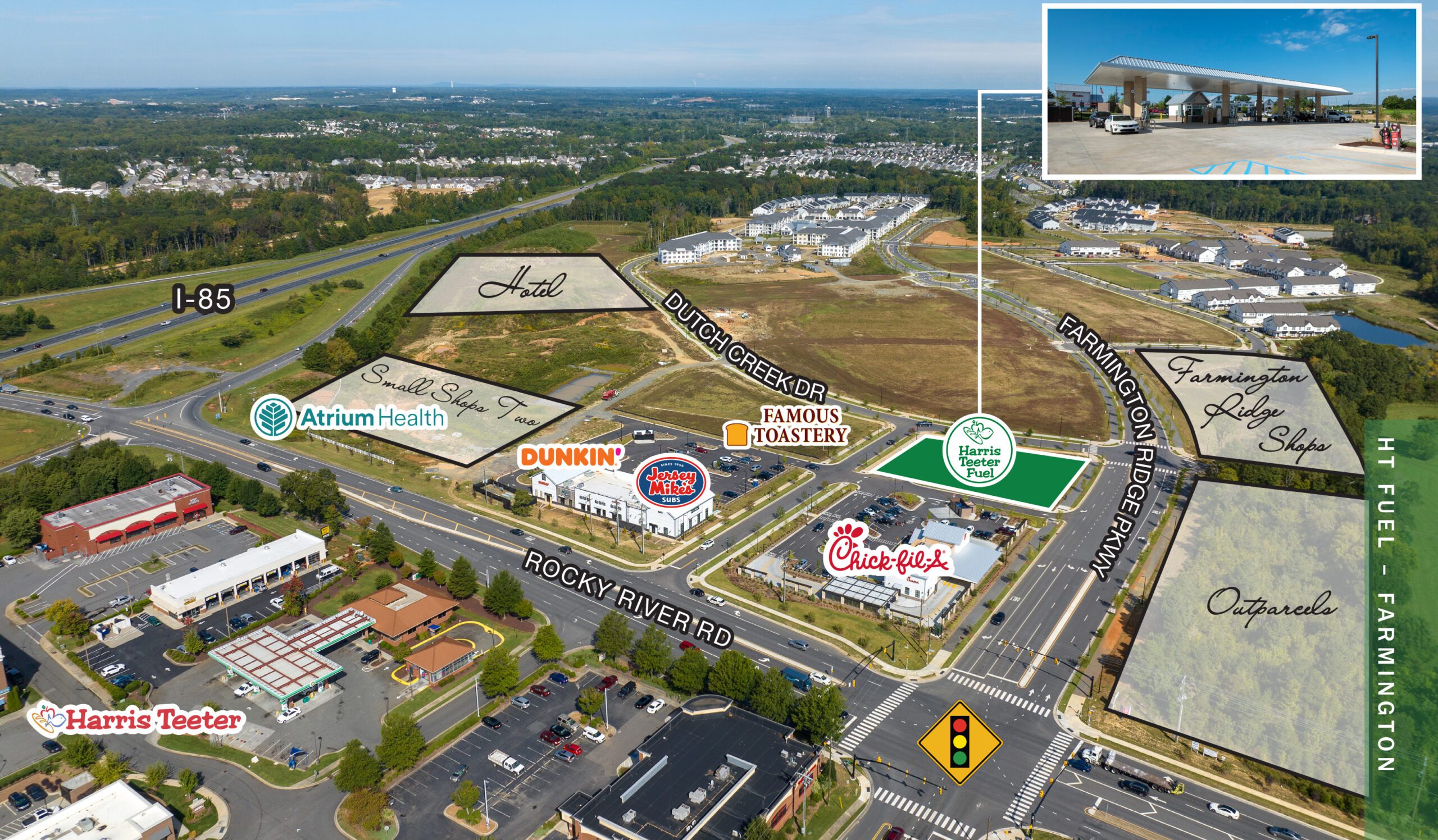 Aerial view of harris teeter fuel, chickfila, dunkin and Farmington