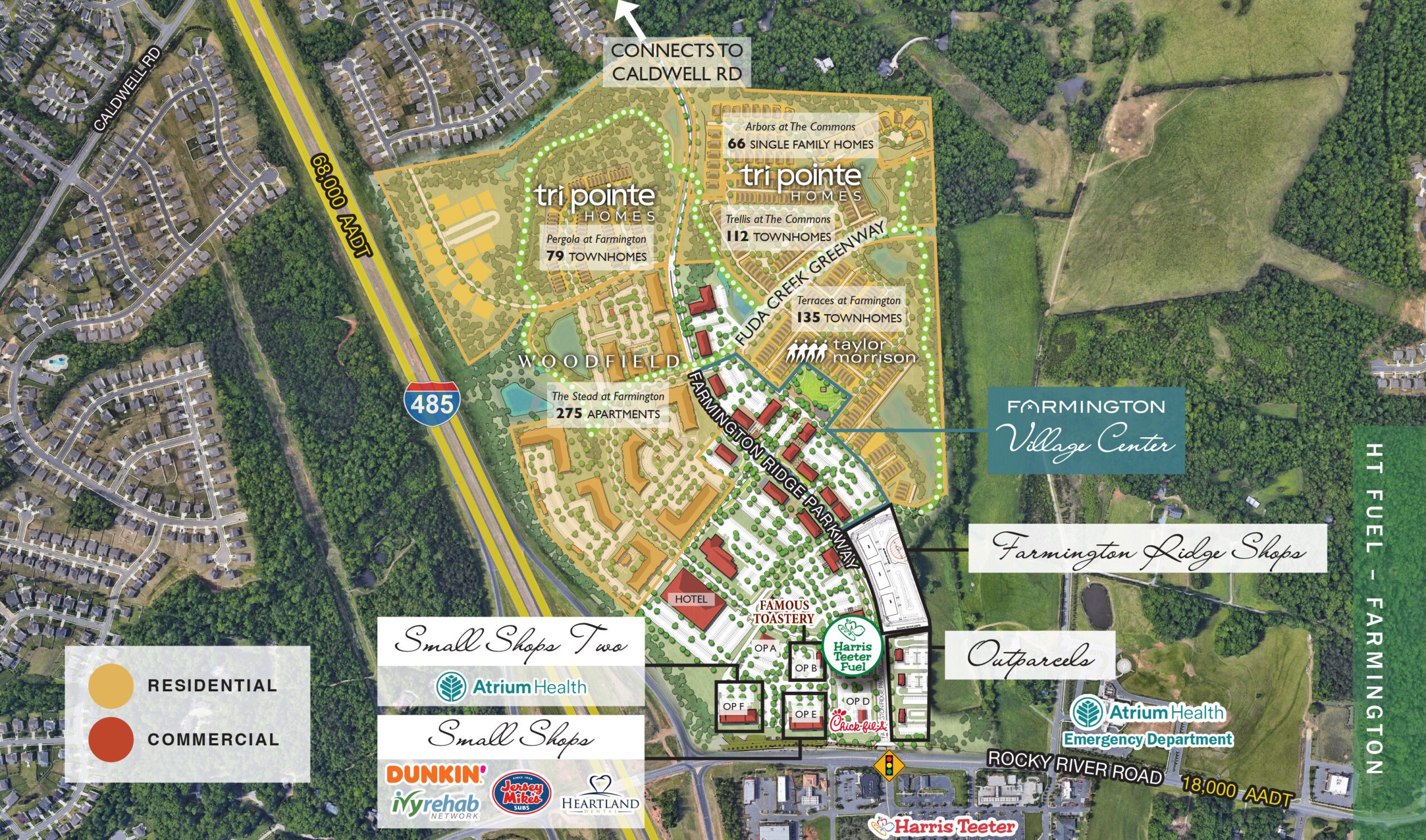 Aerial Map of Farmington in Charlotte and surrounding areas with retail pinned