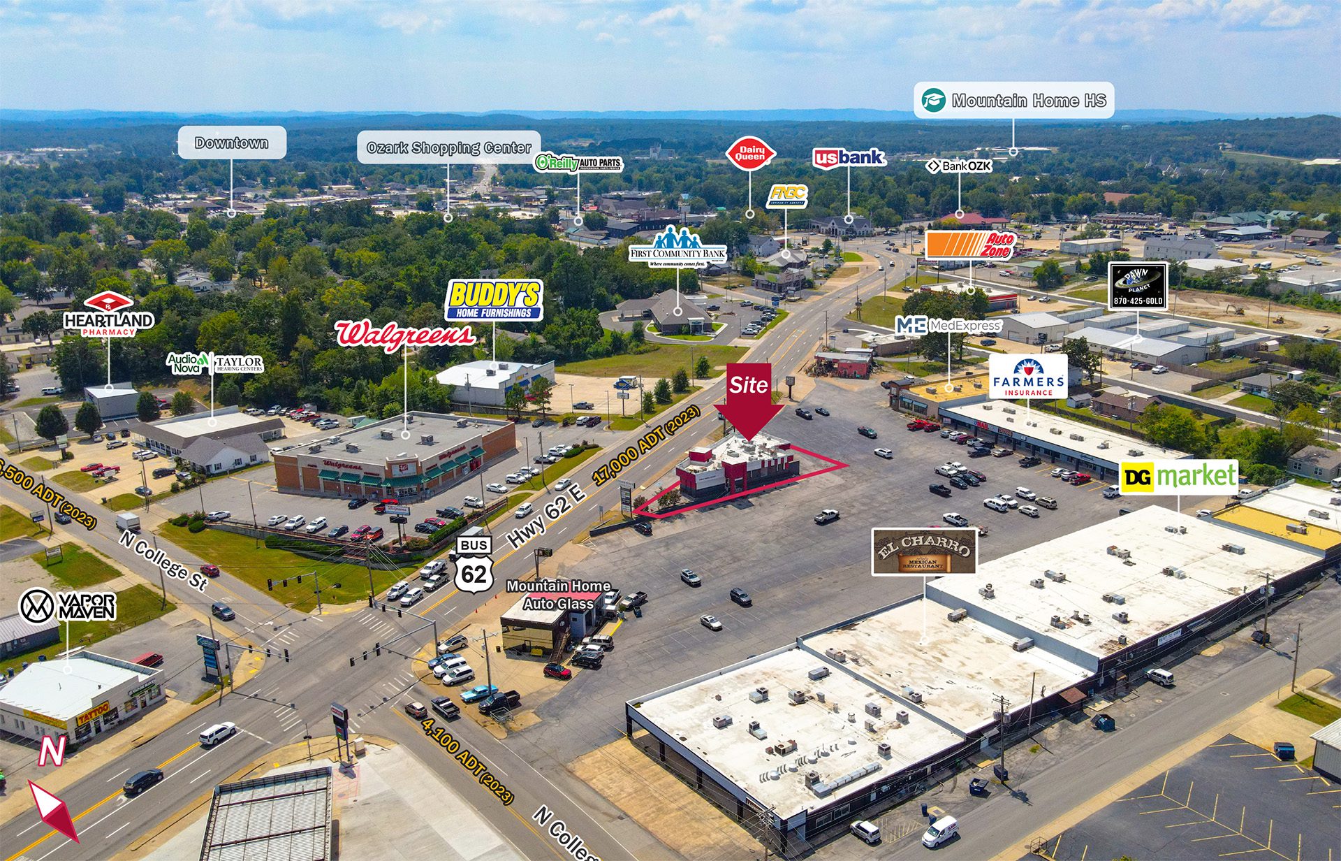 Aerial view of buildings and site pointed out