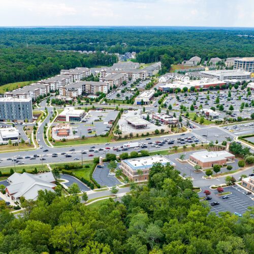 commercial real estate aerial image of South Charlotte, Waverly and Rea Farms shopping centers