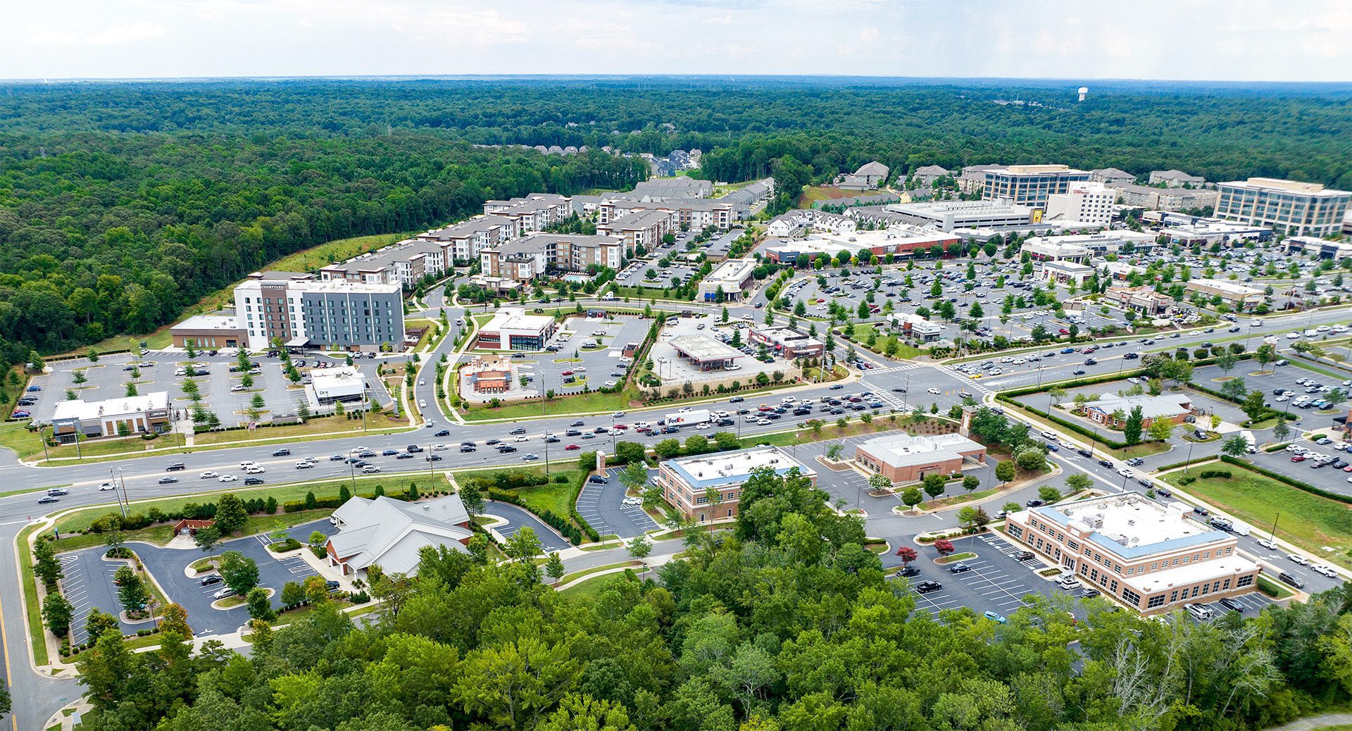 commercial real estate aerial image of South Charlotte, Waverly and Rea Farms shopping centers