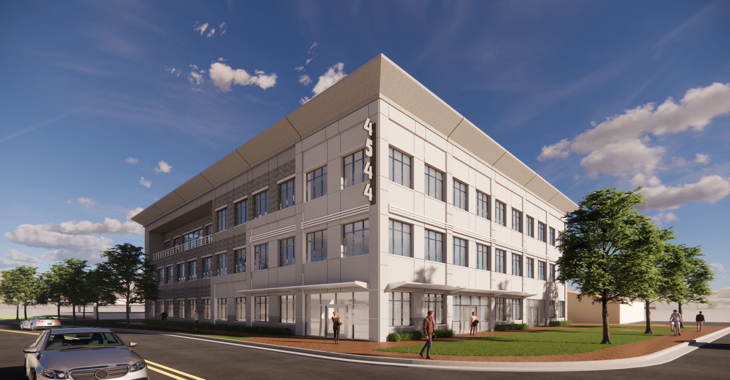 Two Story White MOB rendering with green trees and cars