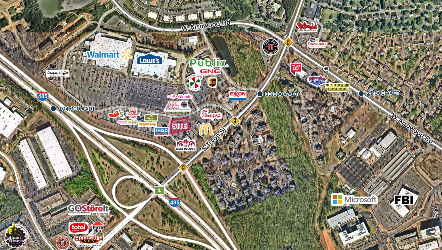 Aerial photo with retail labeled