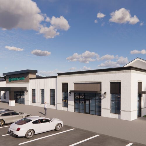 Farmington Outparcel F rendering single story white farm style retail building