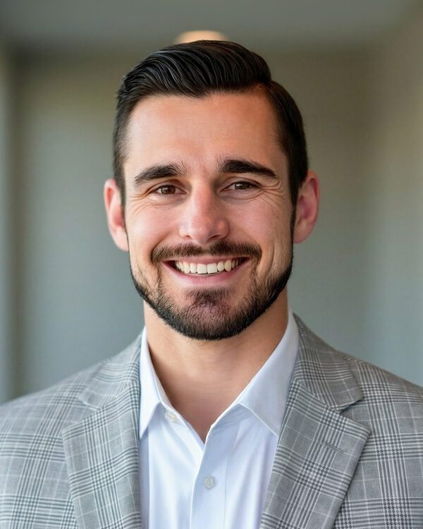 Chad Pyke, man with dark features in a gray plaid suit inside office environment