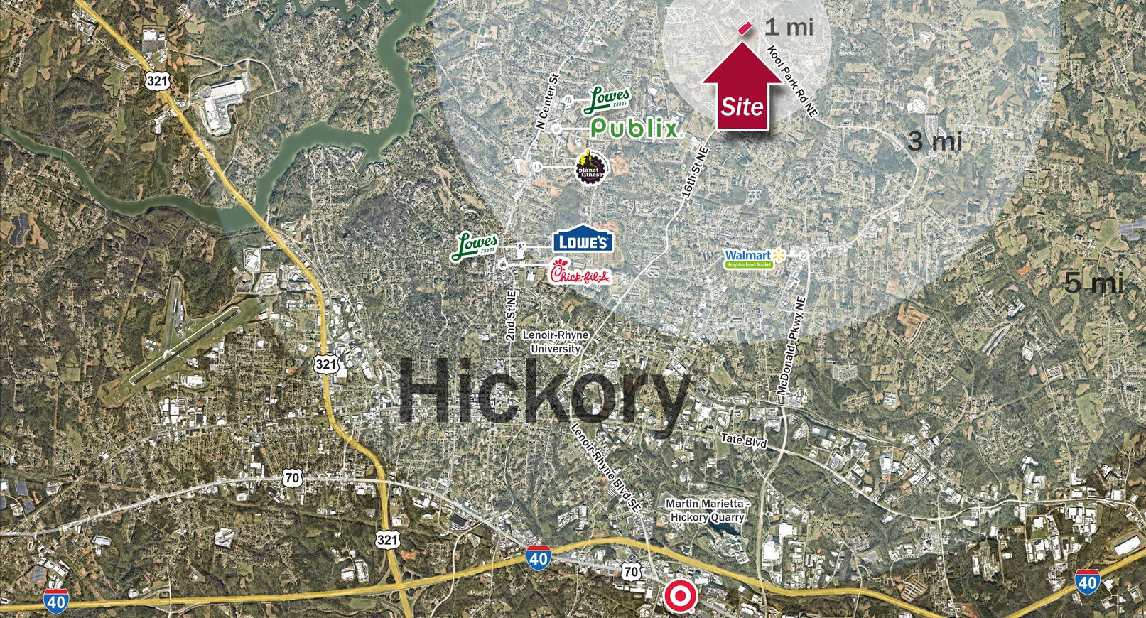 Market Aerial view showing Hickory area and nearby retail