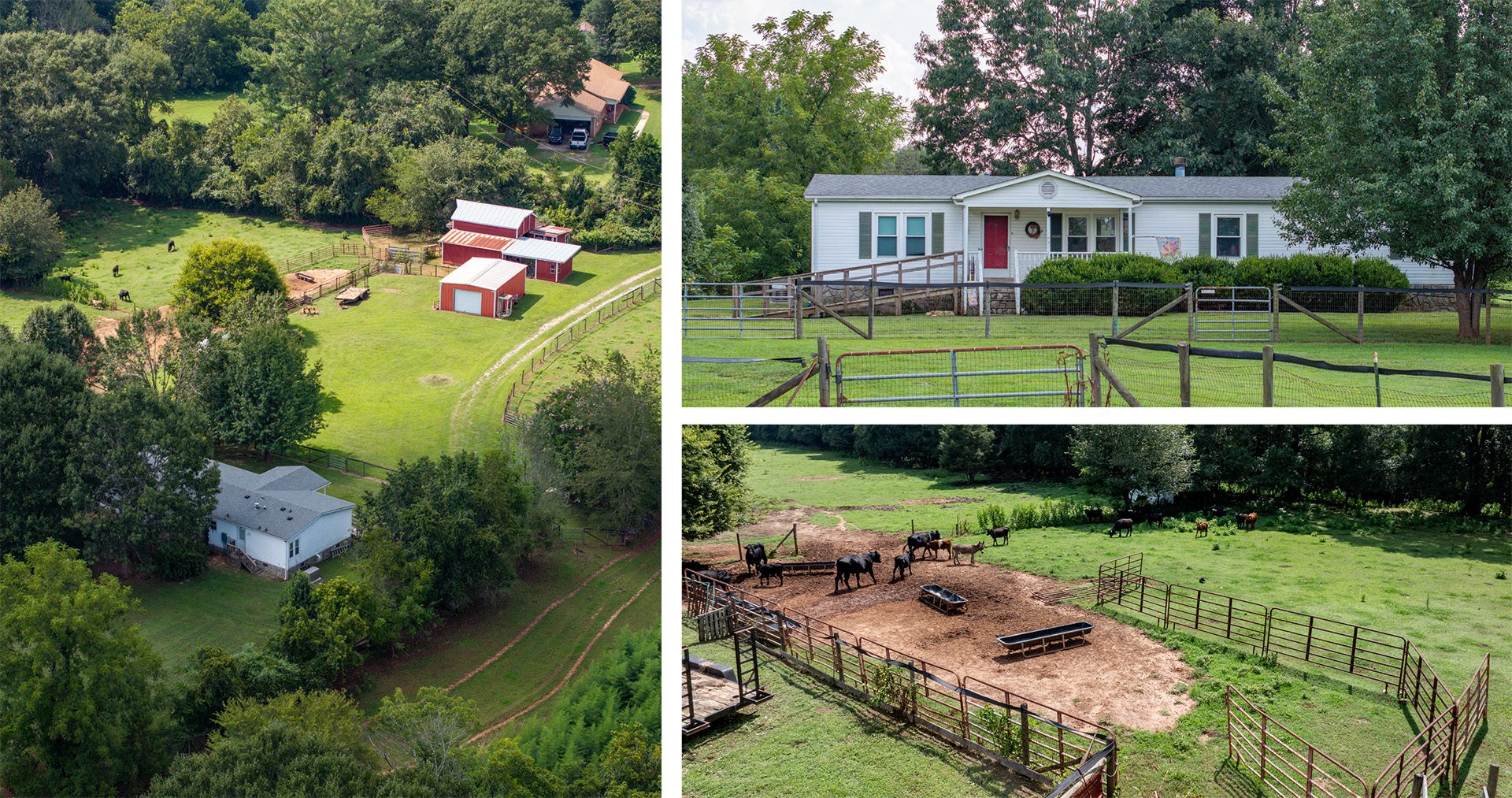 farm land collage with ranch style home and red barn storage