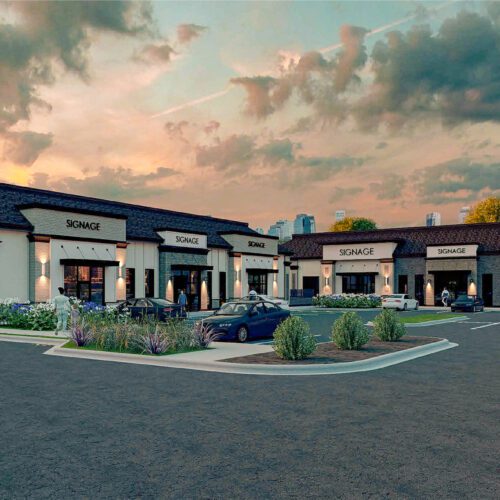 rendering of Berewick Town Center two 1-story retail buildings at dusk