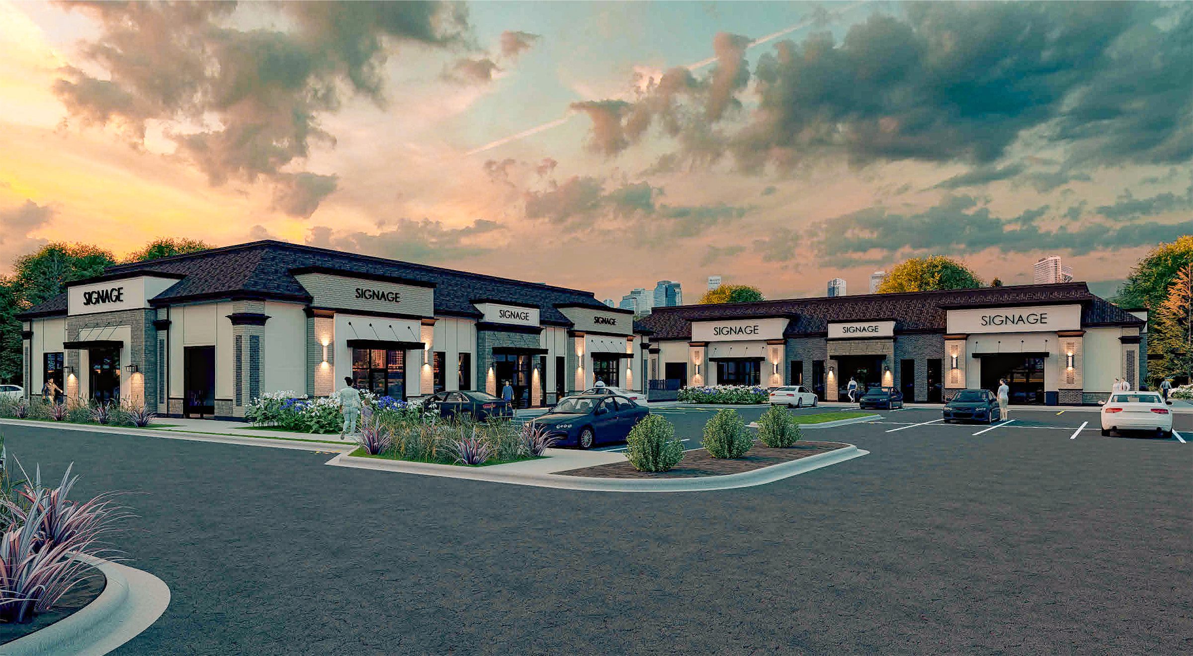 rendering of Berewick Town Center two 1-story retail buildings at dusk