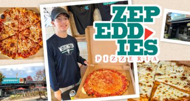 Zepeddie's Pizza collage with teenage boy Tristan Graziano smiling in front of cheese pizza in box