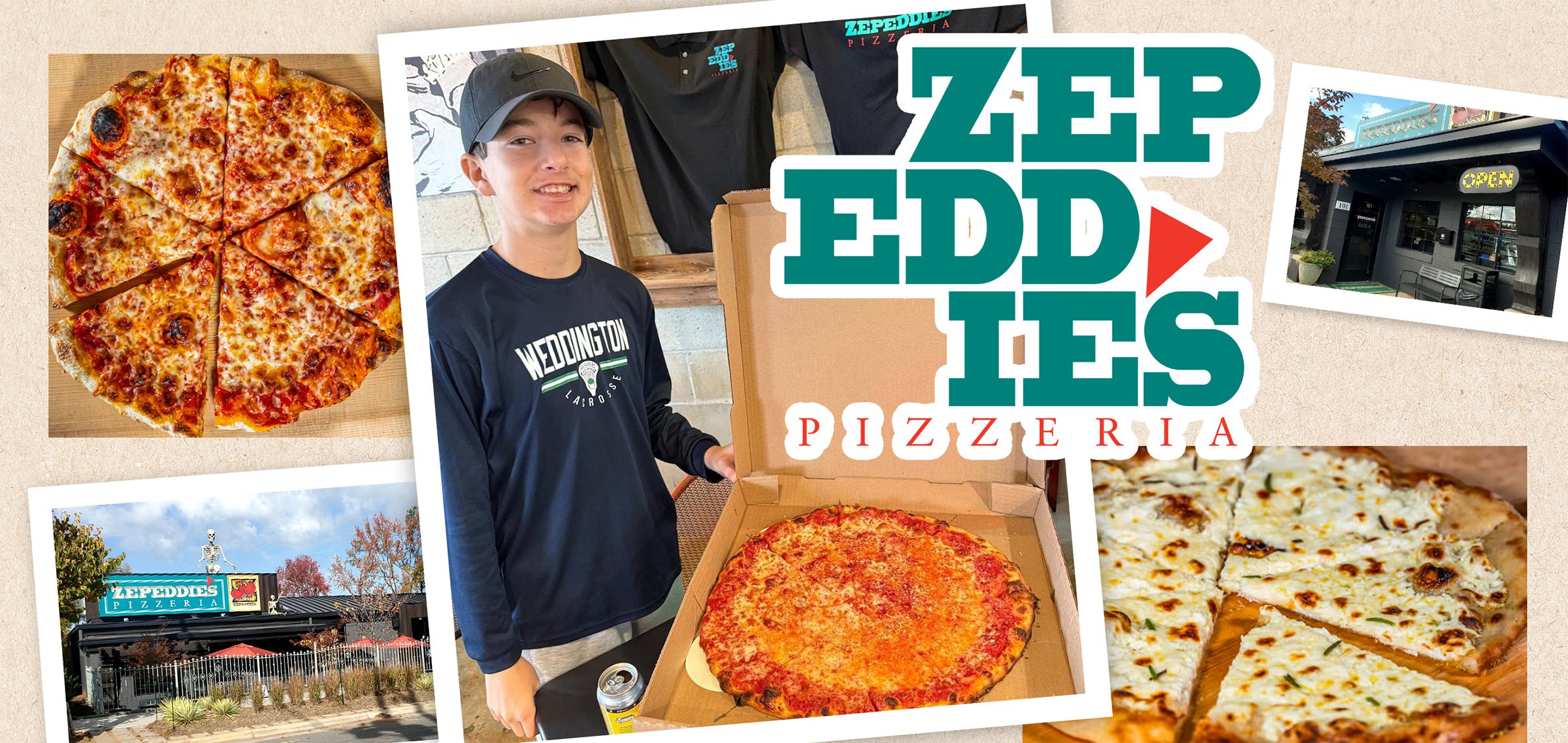 Zepeddie's Pizza collage with teenage boy Tristan Graziano smiling in front of cheese pizza in box