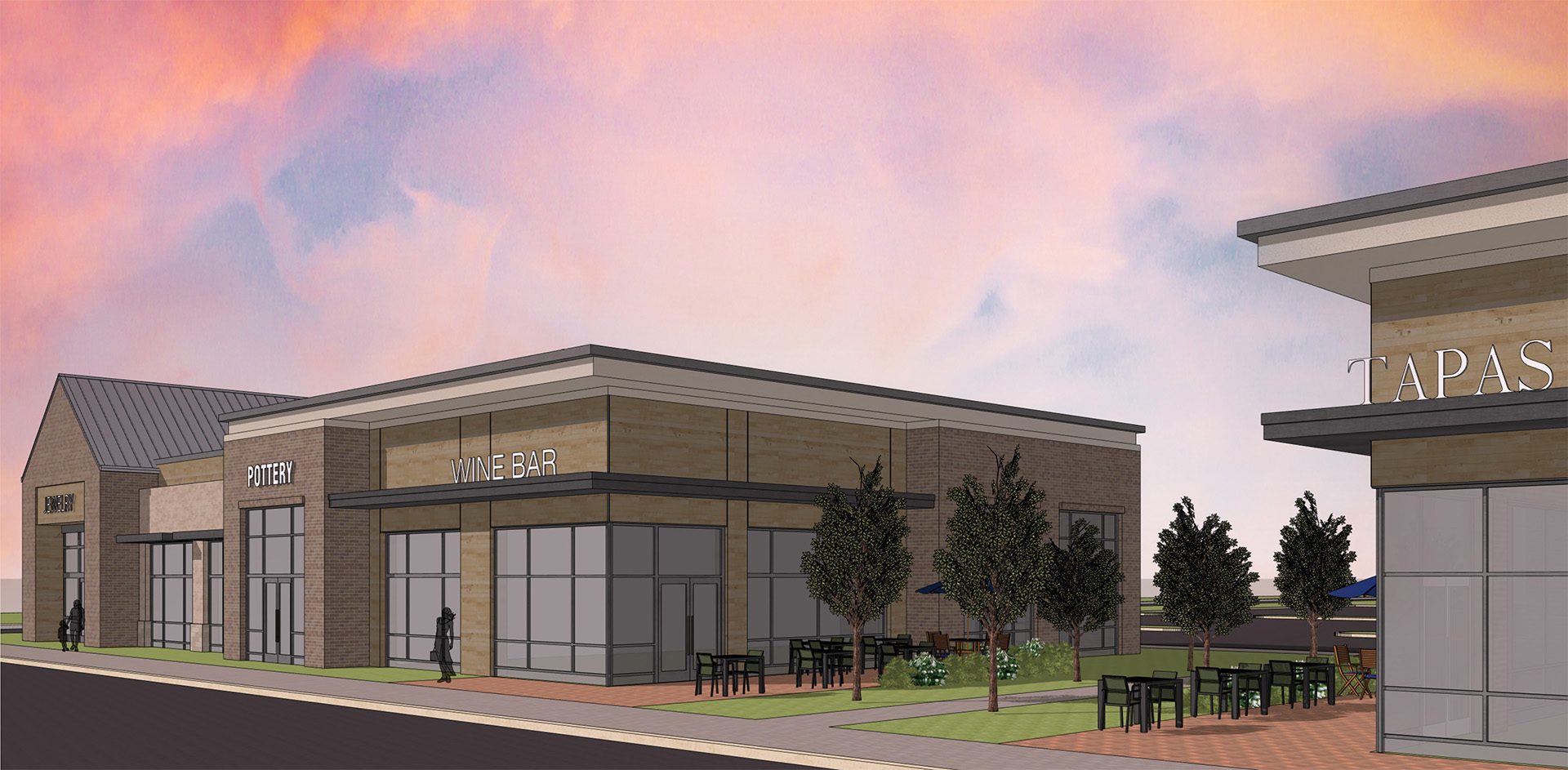 Academy Village retail outdoor patio seating rendering