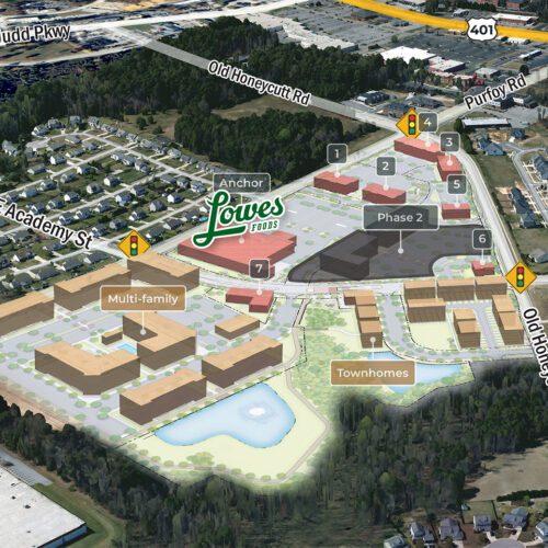 Academy Village in Fuquay-Varina, NC aerial master plan overlay with commercial and residential buildings