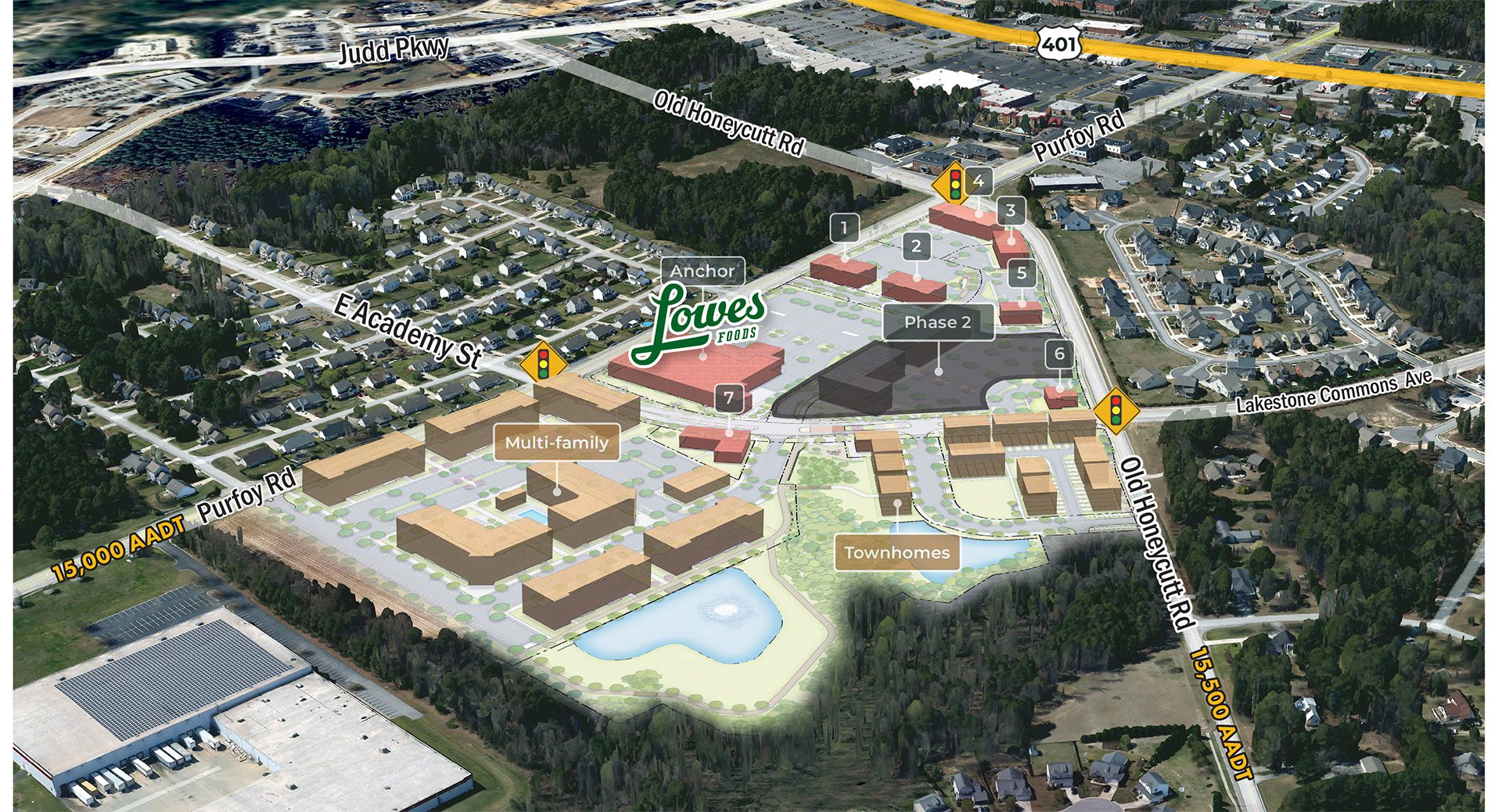 Academy Village in Fuquay-Varina, NC aerial master plan overlay with commercial and residential buildings