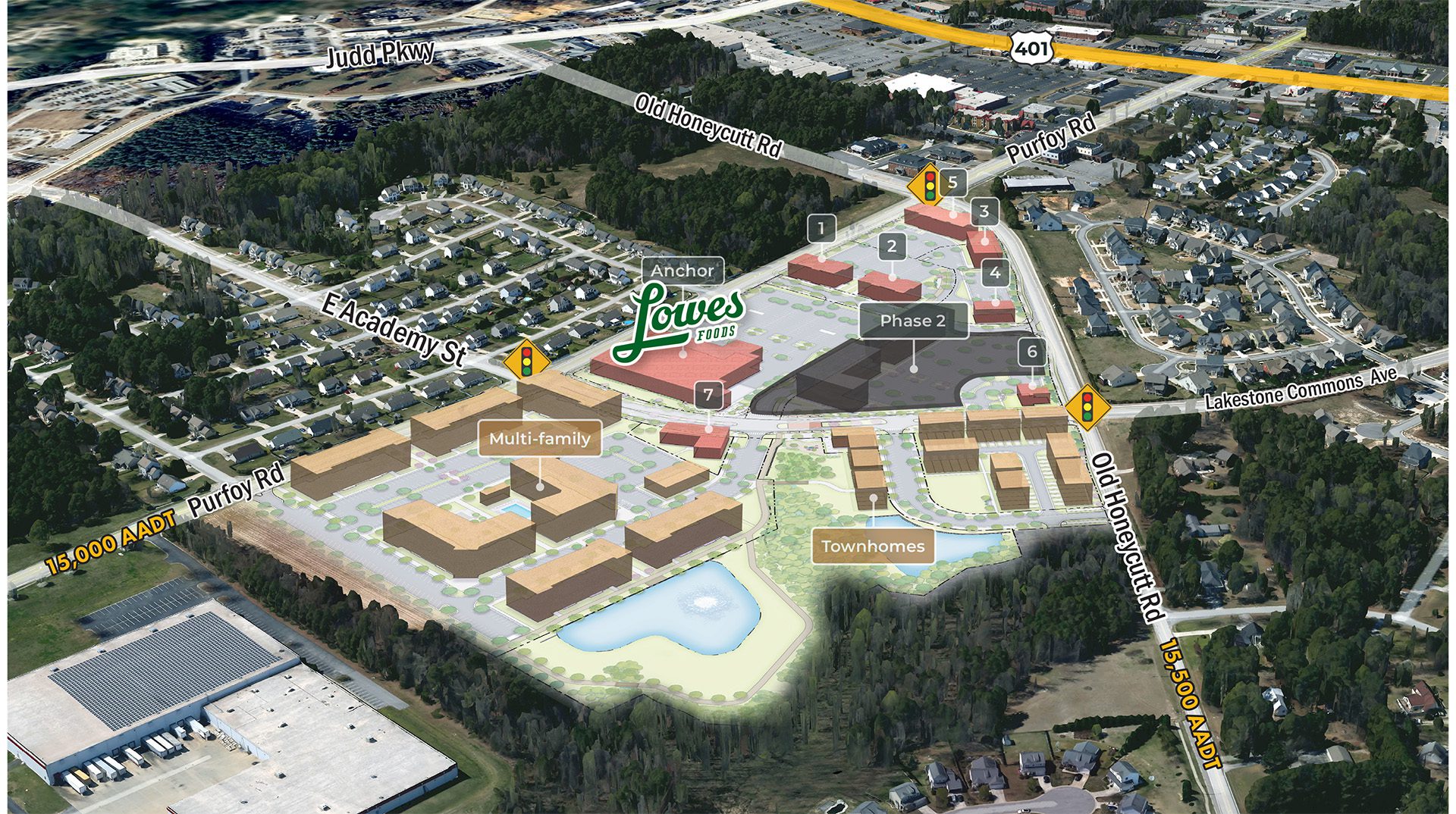 3D site plan overlay retail and residential buildings