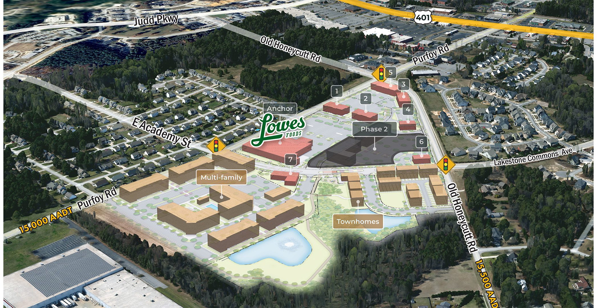 Academy Village in Fuquay-Varina, NC aerial master plan overlay with commercial and residential buildings