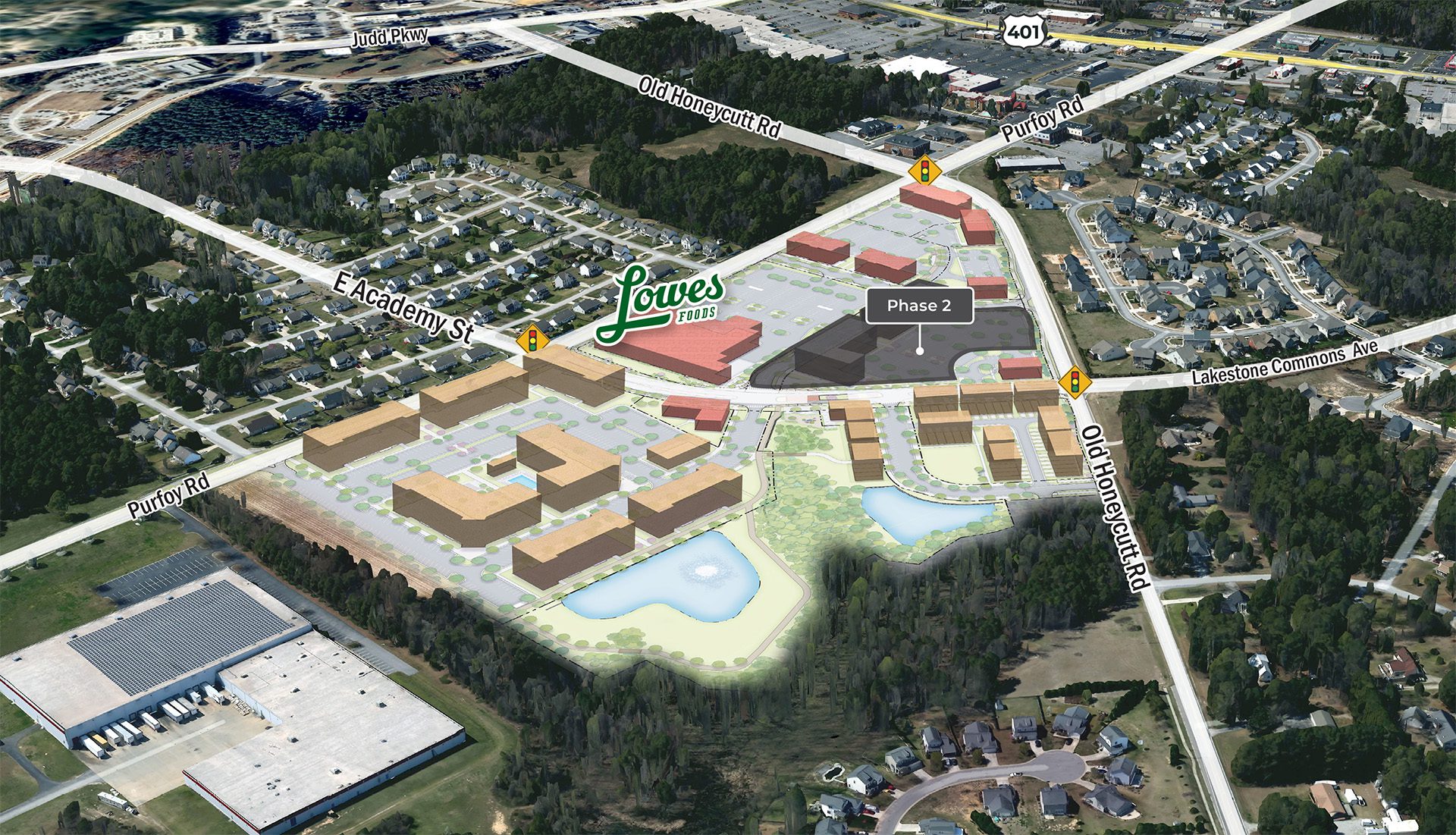 aerial overlay of Academy Village in Fuquay-Varina NC commercial real estate development