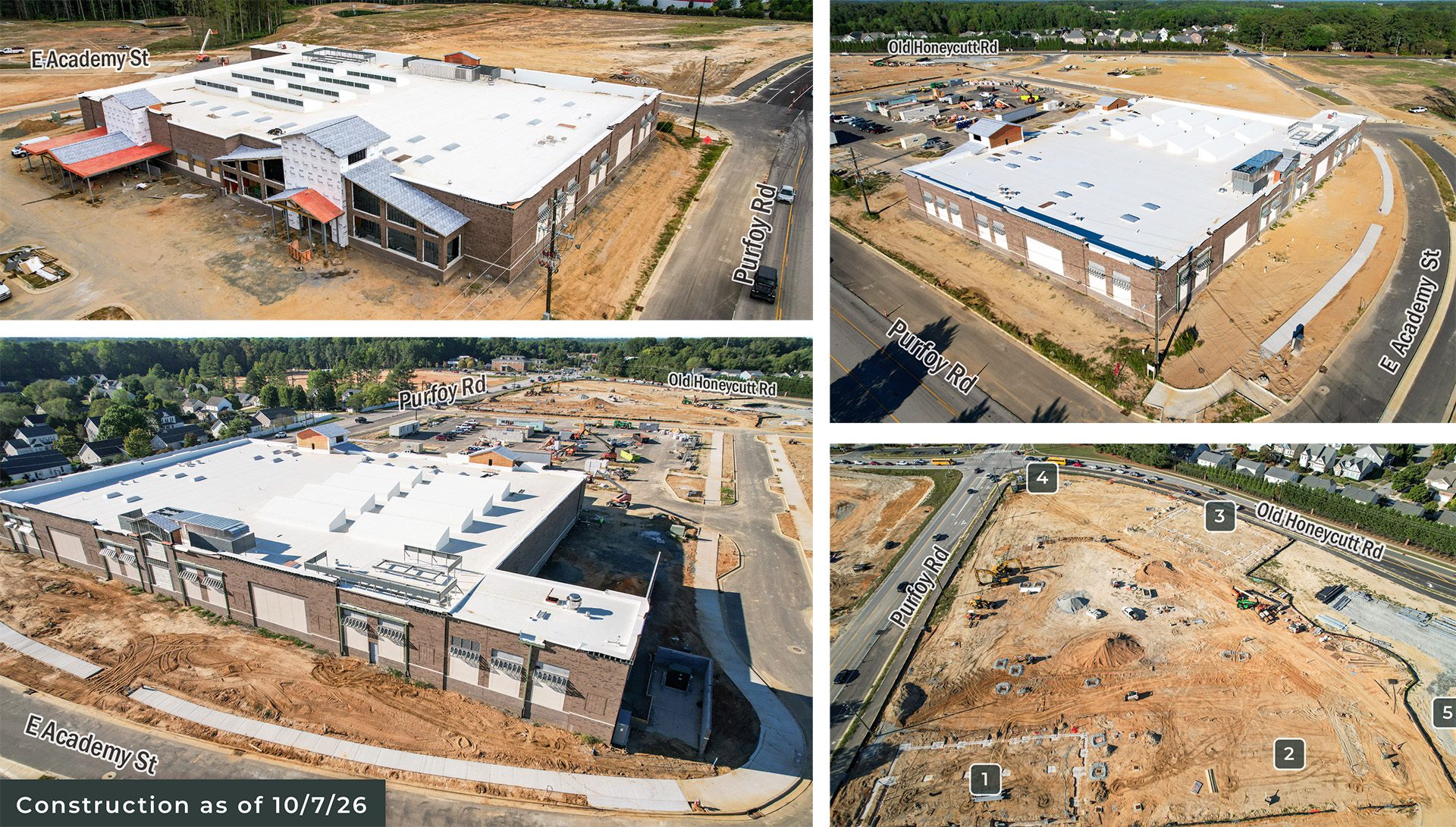 construction image collage of Academy Village mixed-use development in Fuquay-Varina NC as of October 2026