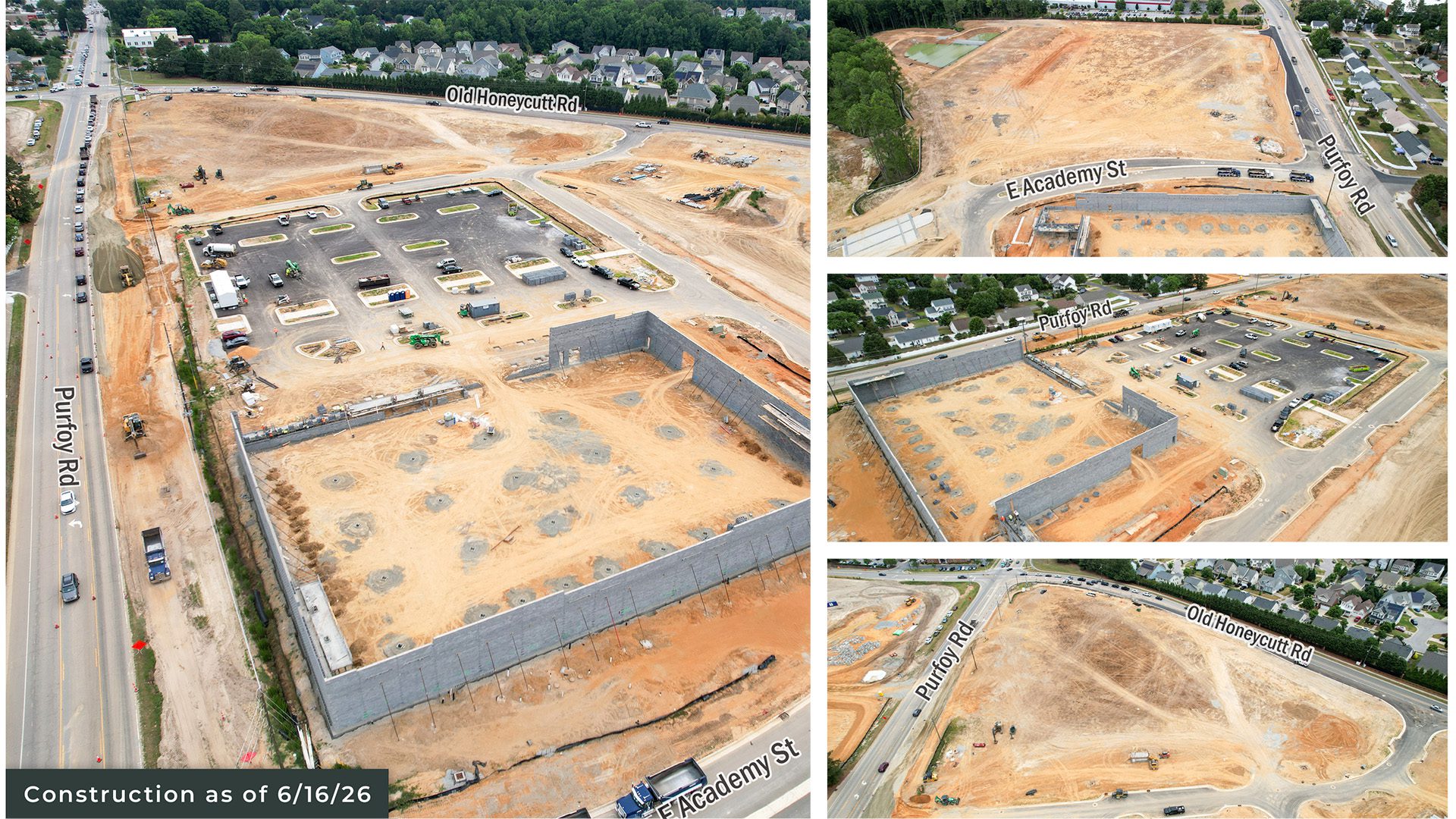 current construction progress at Purfoy and Old Honeycutt Rd for Academy Village