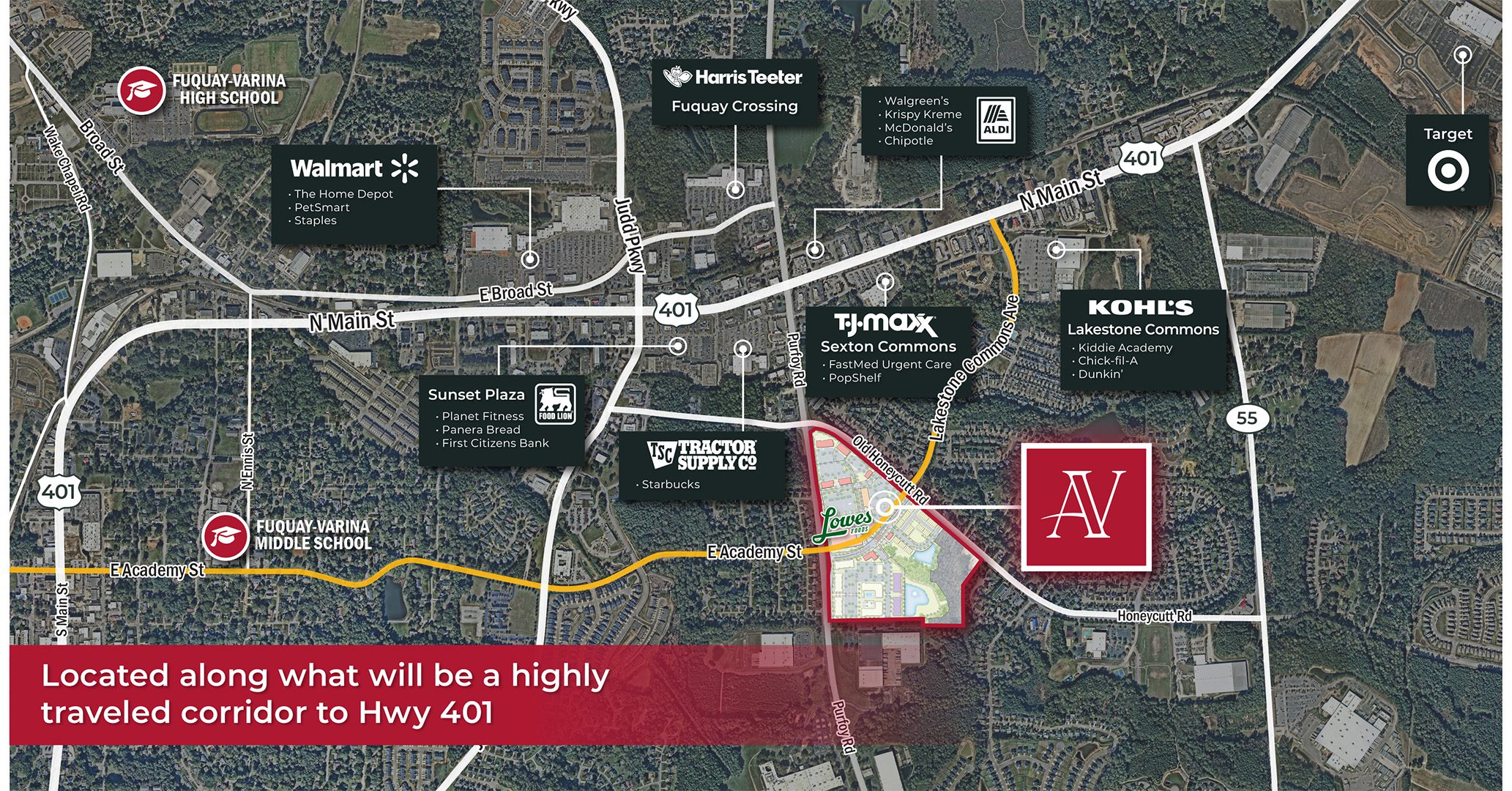 market aerial with major retailers in Fuquay-Varina, NC
