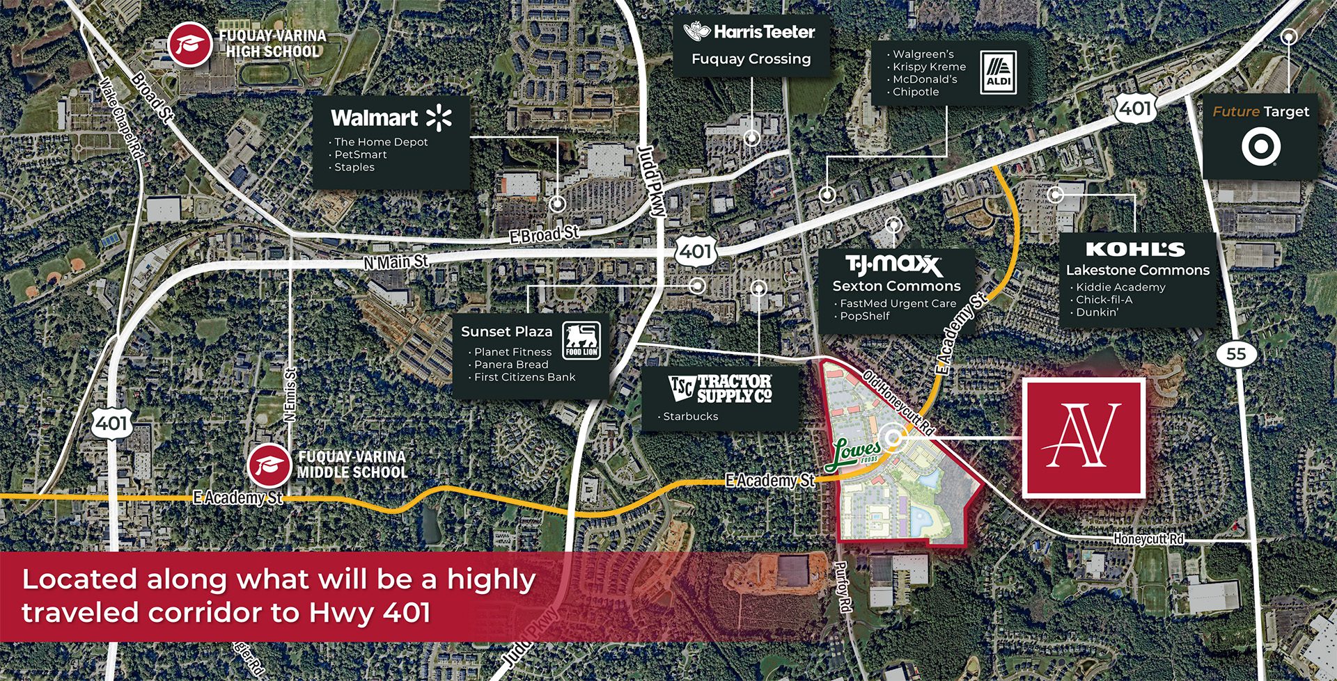 Fuquay-Varina NC market aerial with retail and Academy Village highlighted