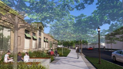 rendering of retail building and people enjoying outdoor seating at Academy Village in Fuquay-Varina