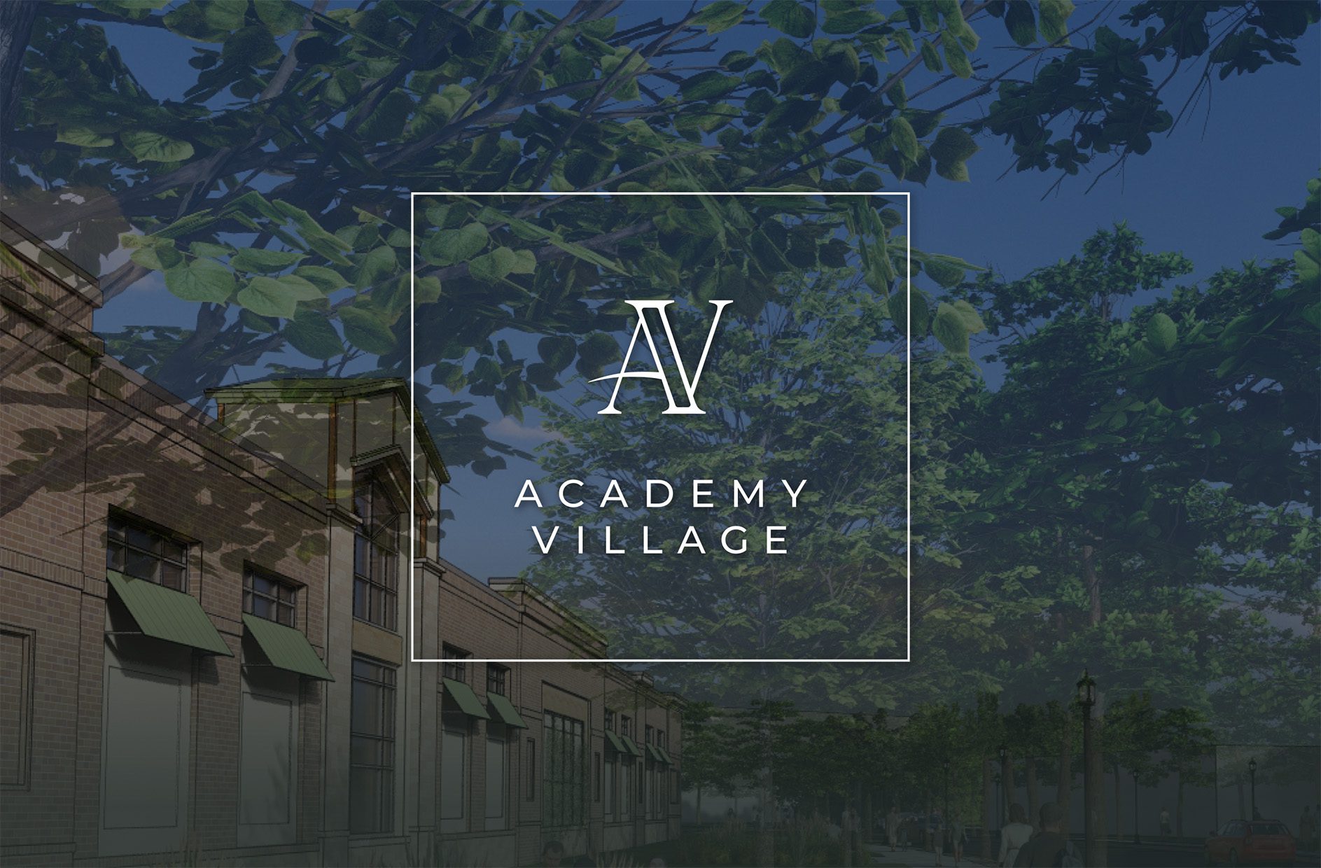 Academy Village logo over rendering